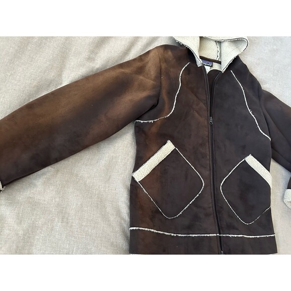 Patagonia Coat Small Faux Suede Sherpa Brown Vintage Retro Hooded Patch Pockets - Picture 4 of 6